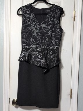 Enfocus Studio Black Dress with Silver Scroll Detail And Peplum